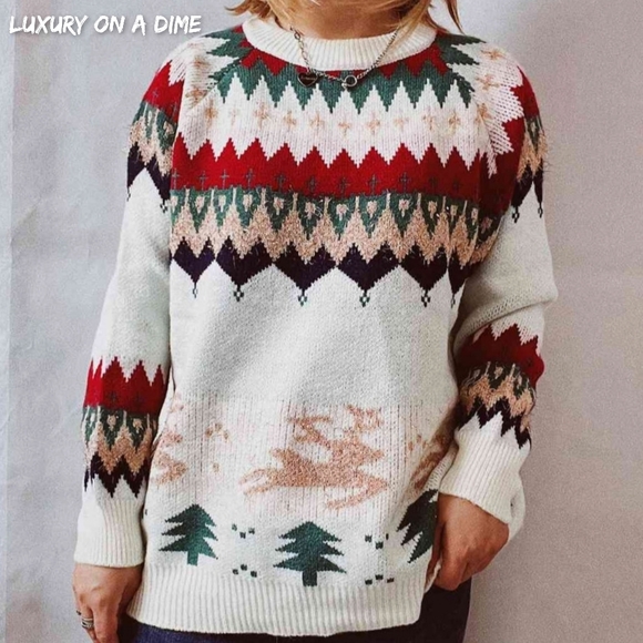 Reindeer Bold Color Knit Round Neck Shirt Holiday Fair Isle Christmas Sweater - Picture 1 of 9